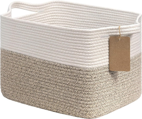Woven cotton rope storage basket in brown