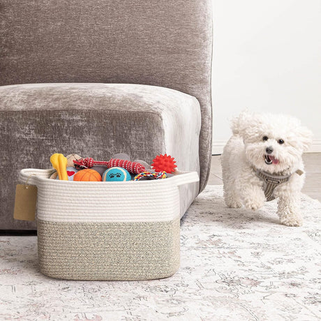 Woven cotton rope storage basket in brown