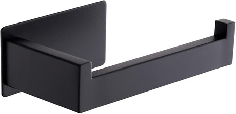 Black 304 stainless steel adhesive toilet roll holder with L shaped bar mounted on a bathroom wall