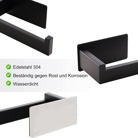 Angled view of the black brushed stainless steel toilet roll holder showing the hooked end of the crossbar