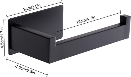 Adhesive backing plate of the black toilet roll holder ready for no drill wall mounting