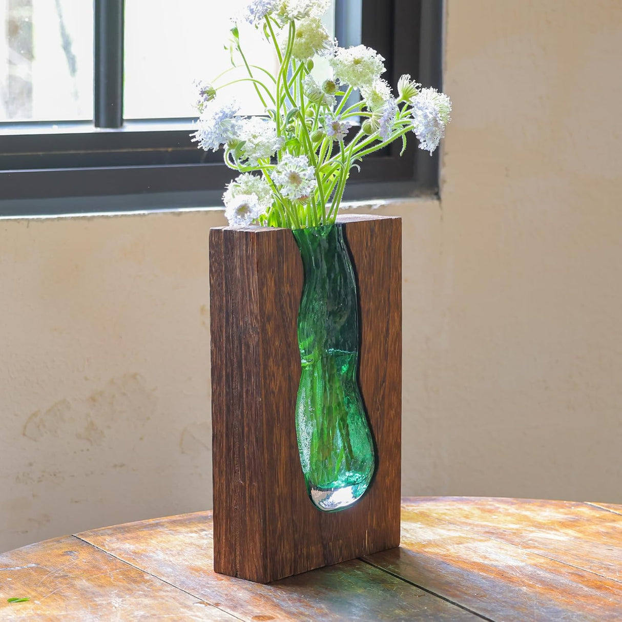 Wood and glass vase with removable glass insert