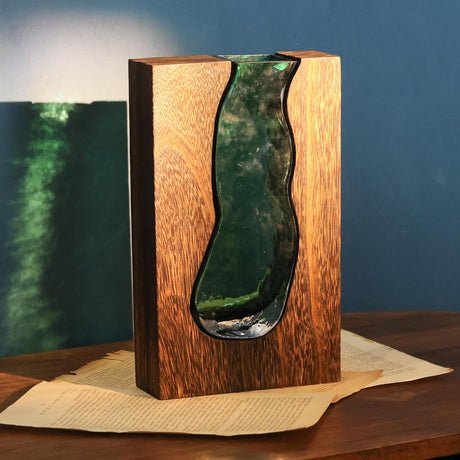 Wood and glass flower vase with removable glass insert