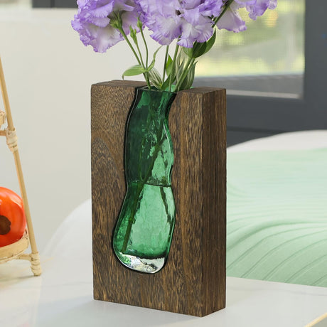 Wood and glass flower vase with removable glass insert