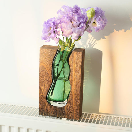 Wood and glass flower vase with removable glass insert