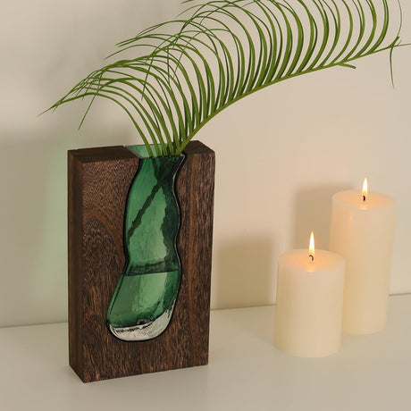 Wood and glass flower vase with removable glass insert