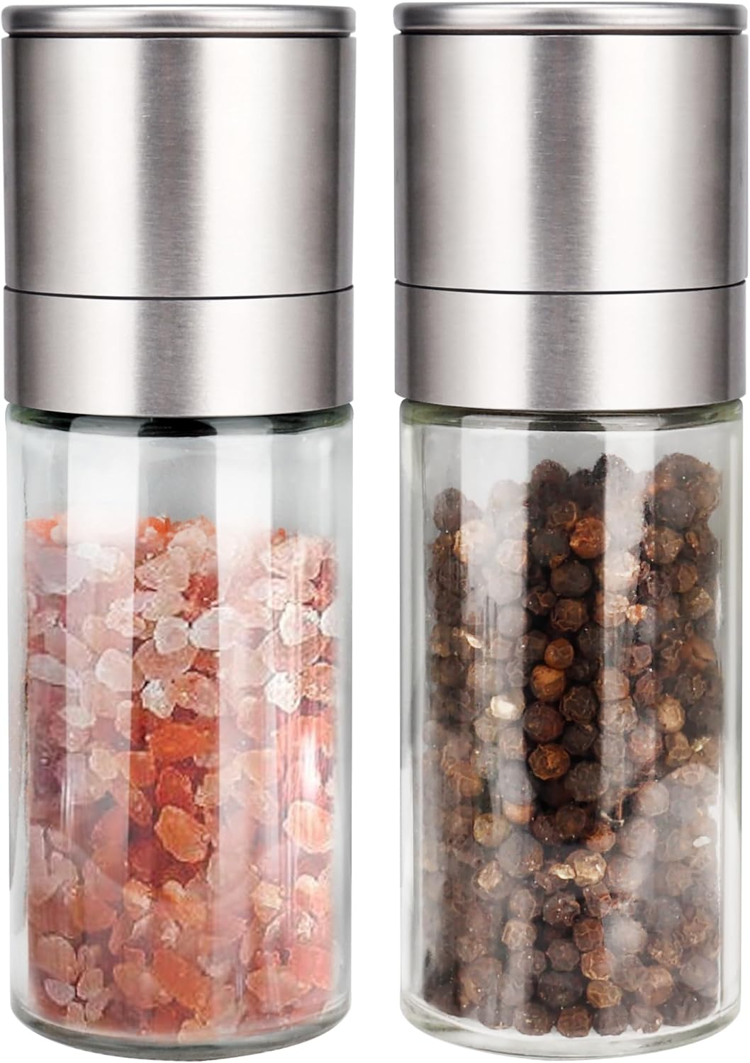Trapani salt and pepper grinder set in glass and stainless steel with ceramic rotor