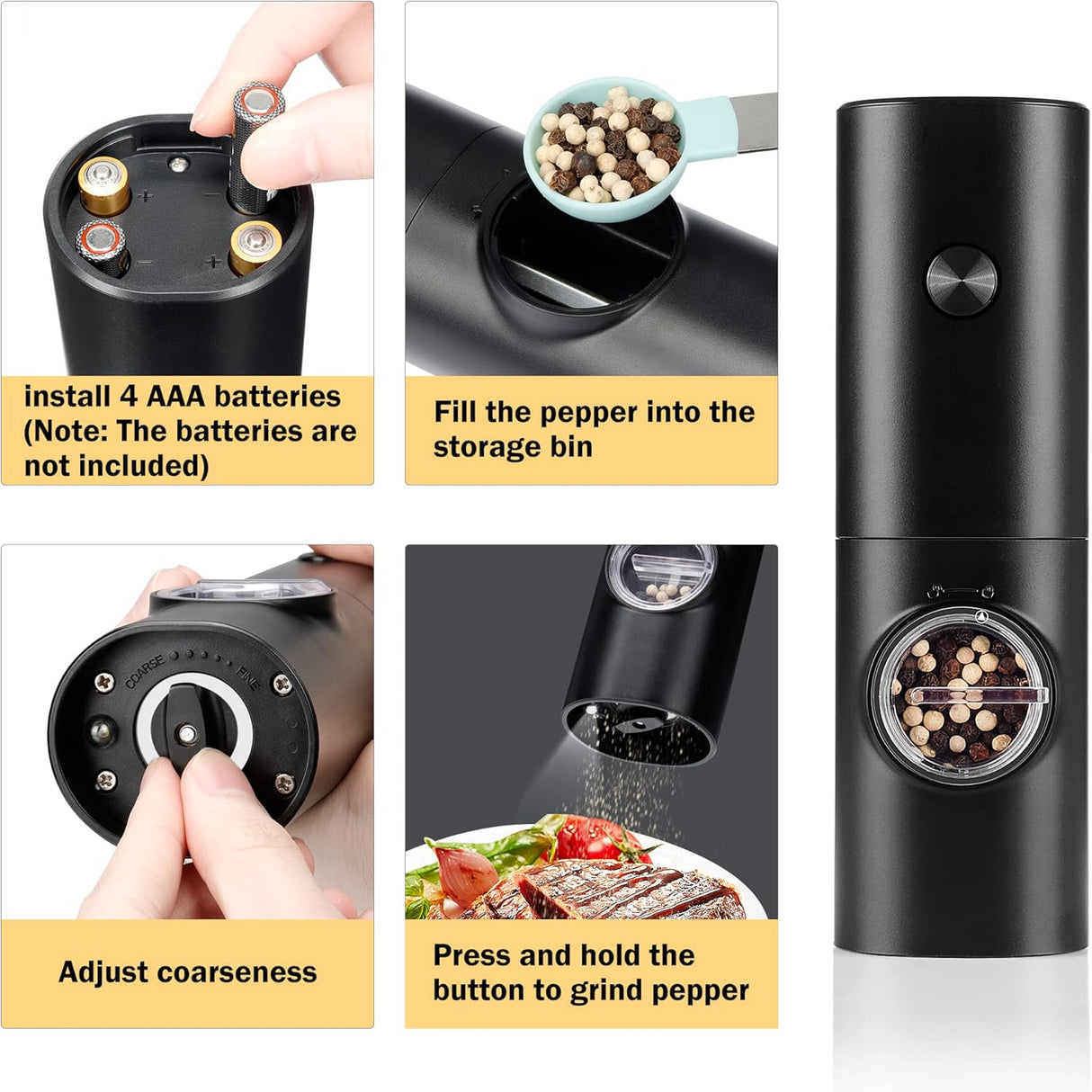 Erice Salt or Pepper Grinder, Electric, Battery Powered, LED Light, Silver