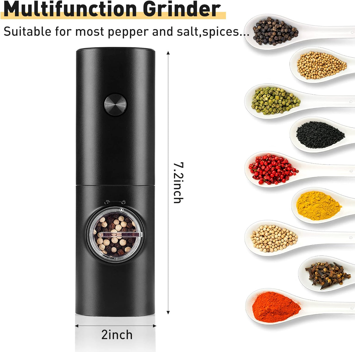 Erice Salt or Pepper Grinder, Electric, Battery Powered, LED Light, Silver