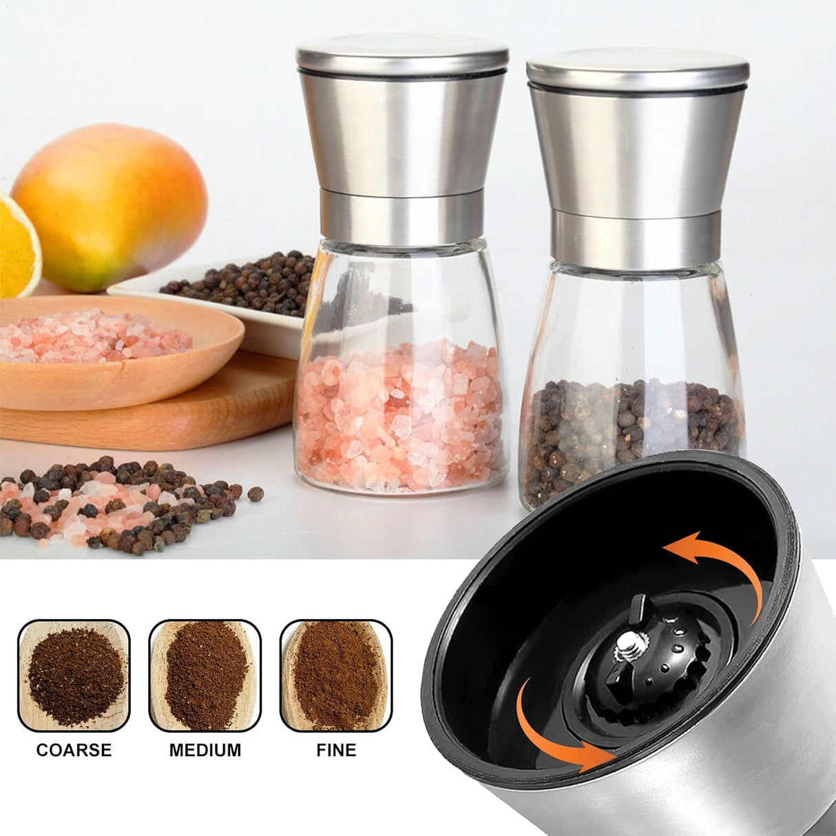Trapani Salt and Pepper Grinder Set, Glass and Stainless Steel, Ceramic Rotor, 2pcs
