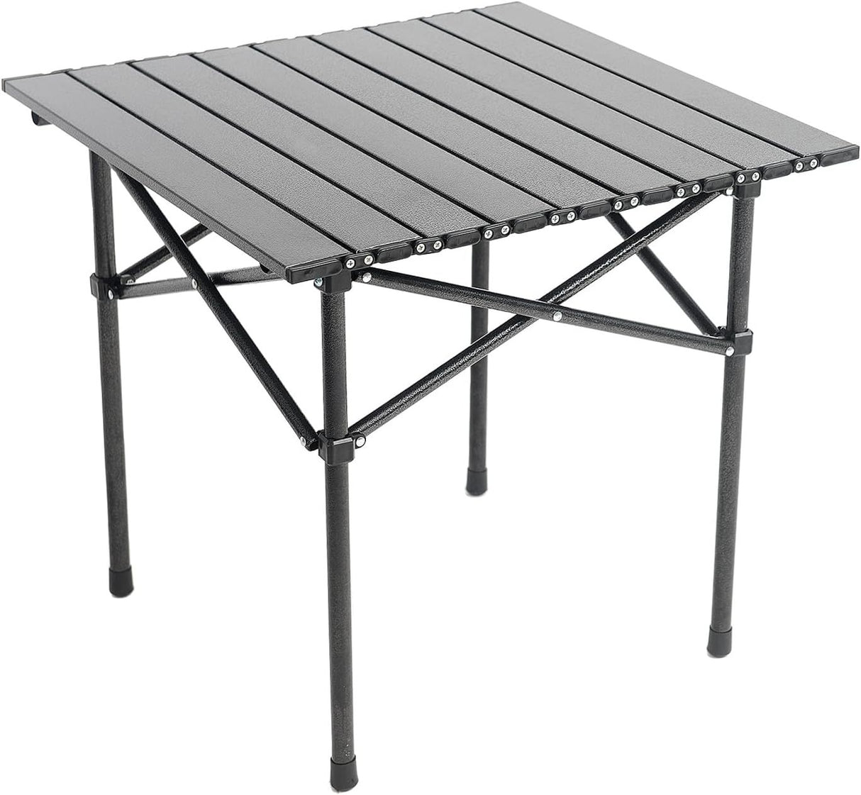 Black aluminium folding side table set up outdoors for camping