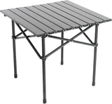 Black aluminium folding side table set up outdoors for camping