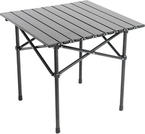 Black aluminium folding side table set up outdoors for camping