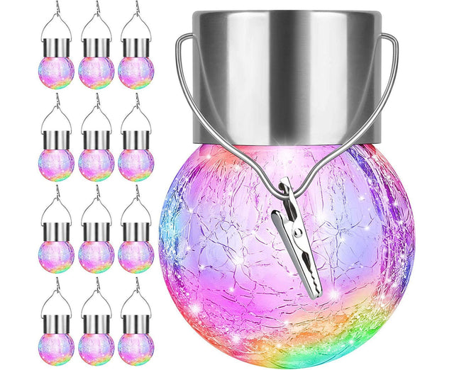 Cracked Glass Solar Hanging Ball Lights, Multicolour 12 Pack