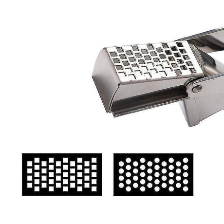 Garlic press crushing an unpeeled clove with one hand