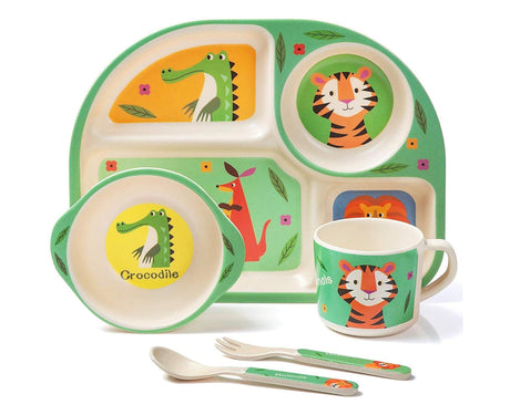 Green bamboo baby tableware set with plate, bowl, cup, spoon and fork