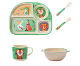 Green bamboo baby tableware set with plate, bowl, cup, spoon and fork