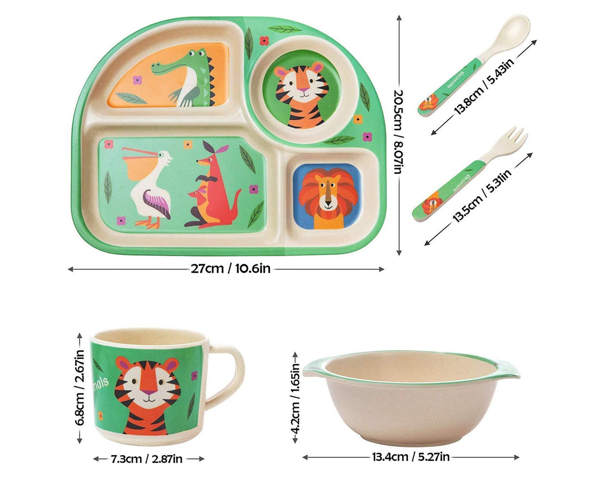 Green bamboo baby tableware set with plate, bowl, cup, spoon and fork