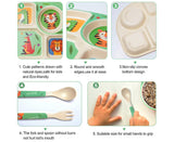 Green bamboo baby tableware set with plate, bowl, cup, spoon and fork