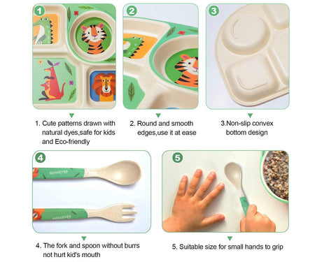 Green bamboo baby tableware set with plate, bowl, cup, spoon and fork