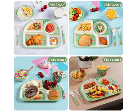 Green bamboo baby tableware set with plate, bowl, cup, spoon and fork