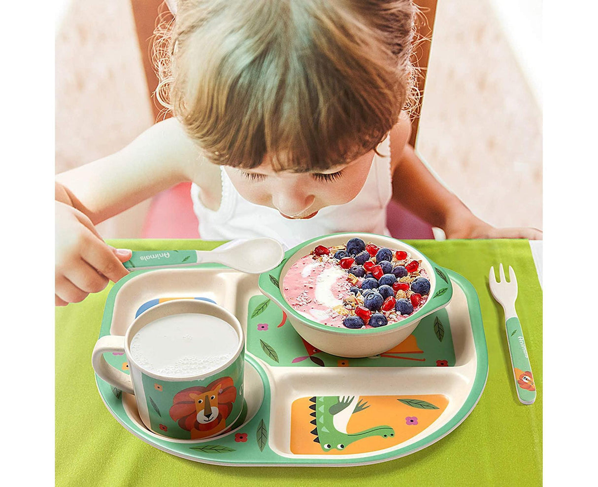 Green bamboo baby tableware set with plate, bowl, cup, spoon and fork