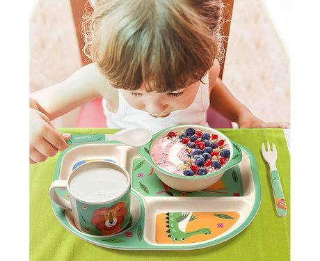 Green bamboo baby tableware set with plate, bowl, cup, spoon and fork