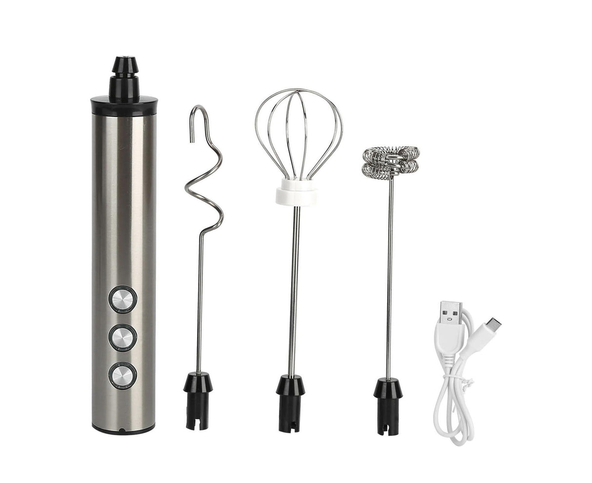 Rechargeable handheld milk frother with stainless steel whisk head
