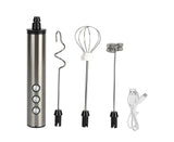 Rechargeable handheld milk frother with stainless steel whisk head