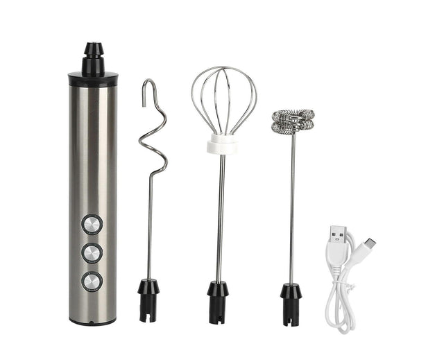 Rechargeable handheld milk frother with stainless steel whisk head