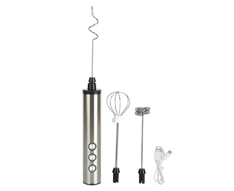 Milk frother body, heads and charging cable in the set
