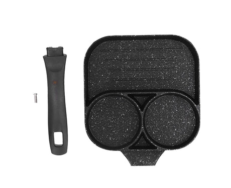 Black three section non stick egg frying pan with two egg wells and a flat cooking area