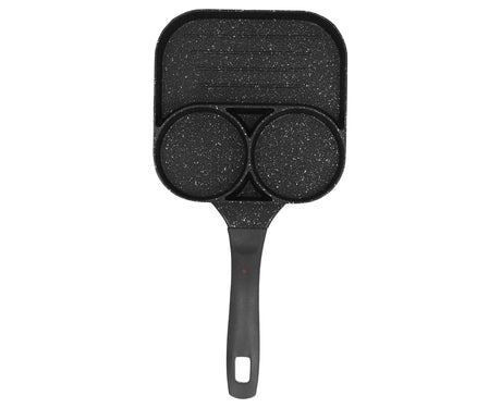 Heat insulating handle screwed to the black aluminium breakfast frying pan