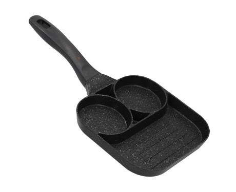 Dimensions of the three section egg frying pan, approximately 37 by 18.7 cm