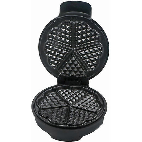 Waffle maker open showing the non stick plates that cook five waffles at once