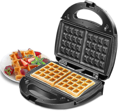 Black 2 in 1 waffle and sandwich maker closed on a kitchen bench