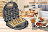 Compact waffle and sandwich maker stored upright to save bench space