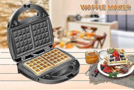 Compact waffle and sandwich maker stored upright to save bench space