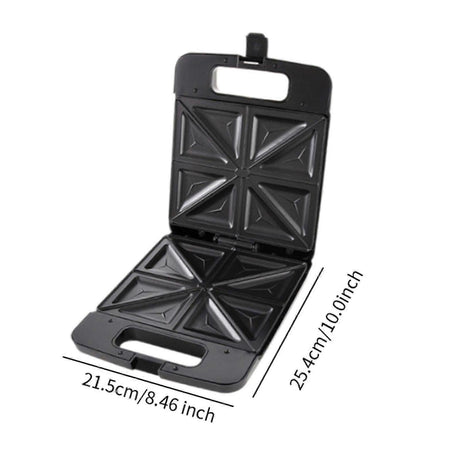 Waffle maker opened showing triangular non stick cooking plates