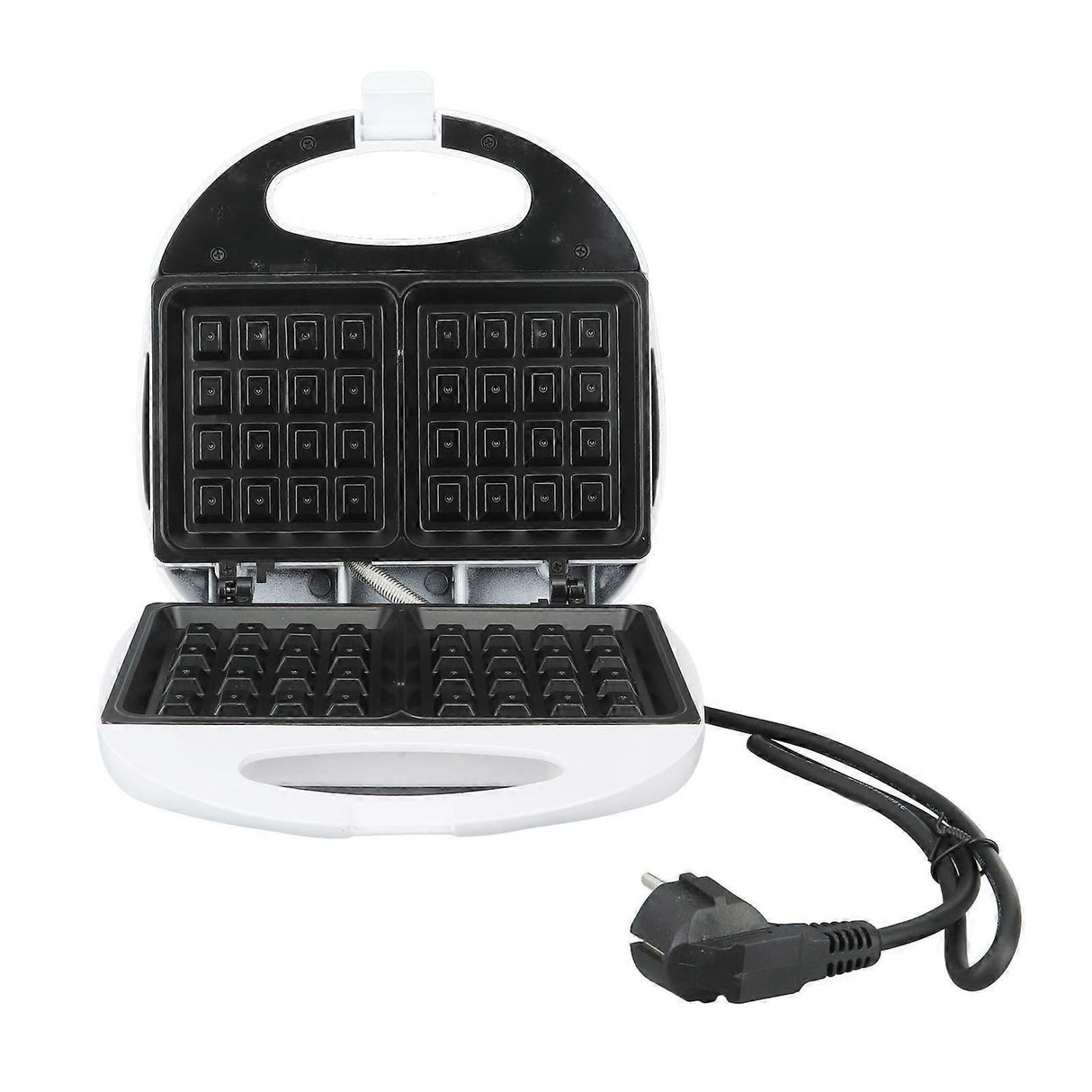 Waffle maker opened showing two non stick waffle plates