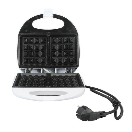 Waffle maker opened showing two non stick waffle plates