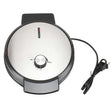 Stainless steel dual sided waffle maker closed with temperature control dial