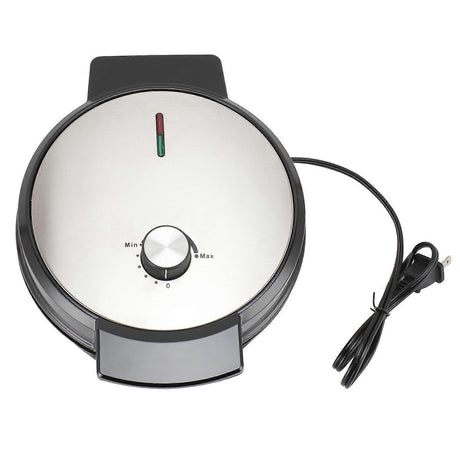 Stainless steel dual sided waffle maker closed with temperature control dial