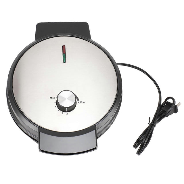 Stainless steel dual sided waffle maker closed with temperature control dial
