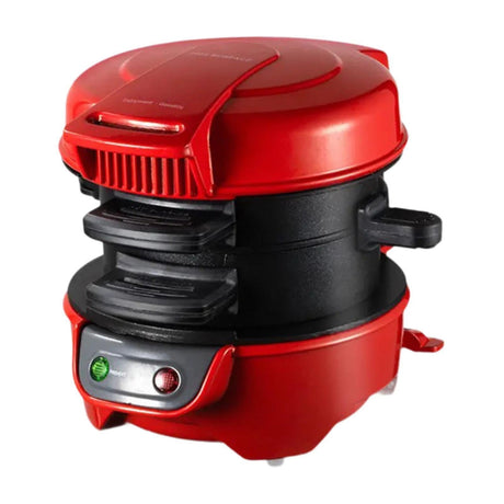 Mini sandwich and waffle maker in stainless steel on a benchtop