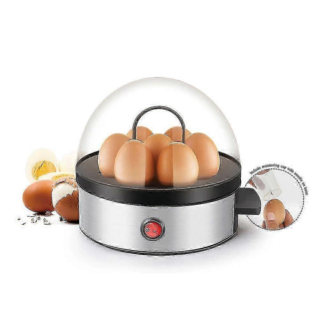 Electric egg cooker with stainless steel steaming plate and clear lid, holds up to seven eggs