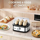 Egg cooker open showing tray holding six eggs ready to steam