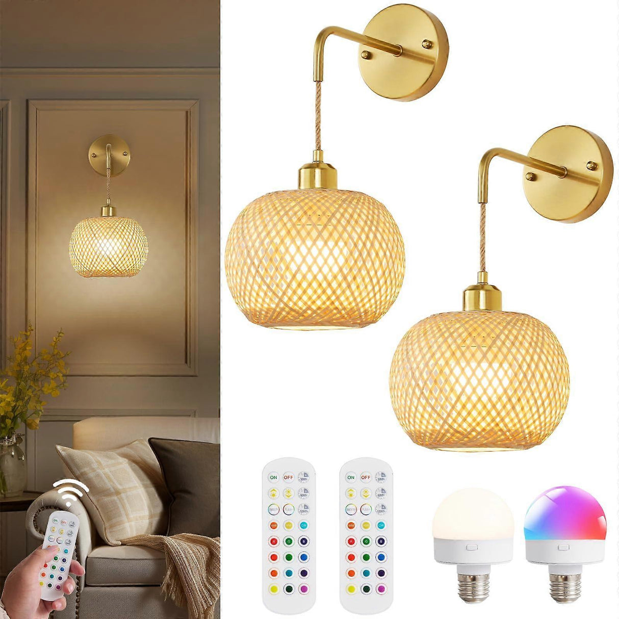 Rechargeable rattan wall sconce with RGB light, set of two
