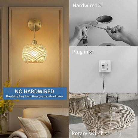 Rechargeable rattan wall sconce with RGB light, set of two
