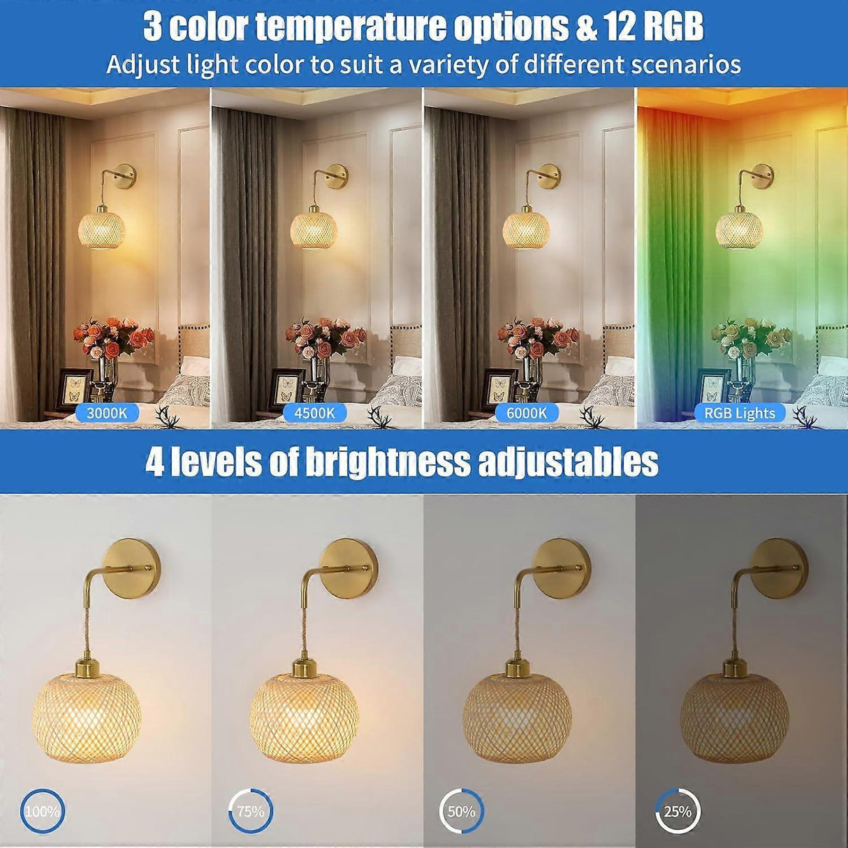 Rechargeable rattan wall sconce with RGB light, set of two